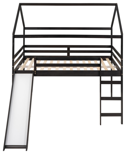 Gewnee Full Size Loft Bed with Slide, House Bed with Slide in Espresso Modern Loft Beds by