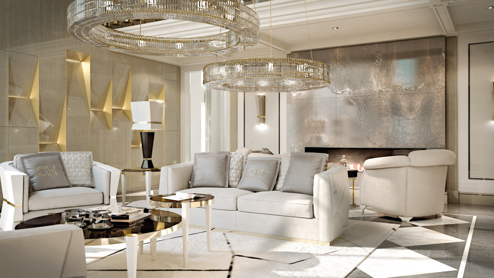 Ispirazione per un grande soggiorno design con pareti beige, pavimento in marmo, pavimento marrone e boiserie