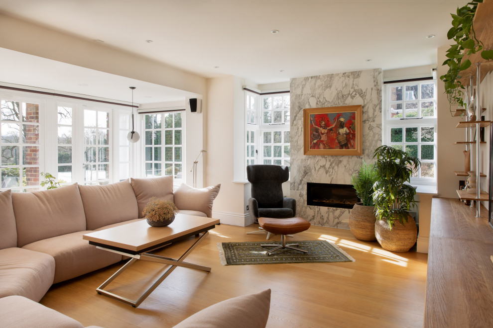 Inspiration for an expansive contemporary enclosed living room in London with light hardwood flooring and a standard fireplace.