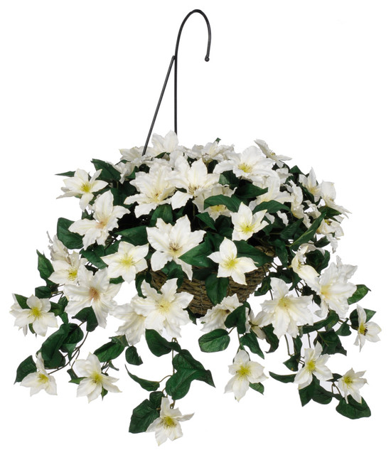 Artificial White Clematis in Water Hyacinth Hanging Basket, White Water Hyacinth