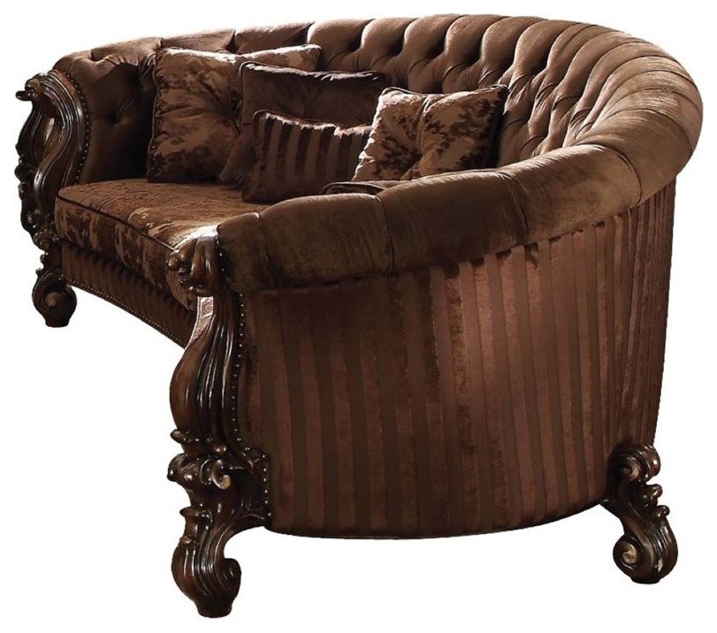 ACME Versailles Sofa with 5 Pillows, Brown Velvet and Cherry Oak