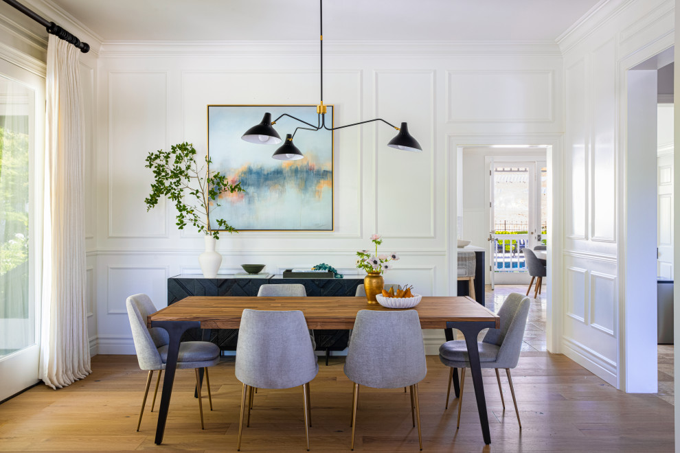Inspiration for a large transitional separate dining room in San Francisco with light hardwood floors and panelled walls.