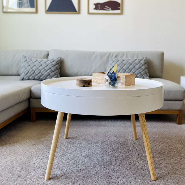Mid-Century White Round Coffee Table with Storage and Splayed Legs ...
