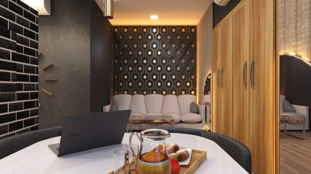 Diseño de dormitorio principal moderno con paredes negras, suelo de contrachapado, chimenea de esquina, marco de chimenea de piedra, suelo multicolor y papel pintado