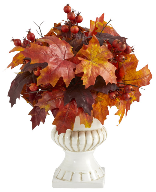 20" Autumn Maple Leaf and Berries Artificial Plant, White Urn
