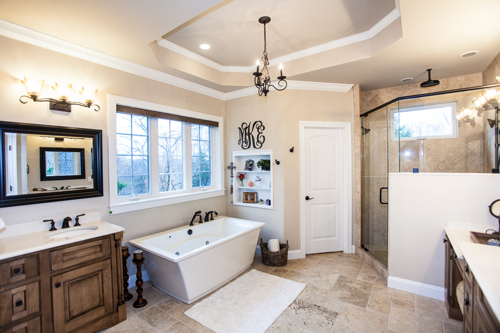 Design ideas for a large country master bathroom in St Louis with recessed-panel cabinets and medium wood cabinets.