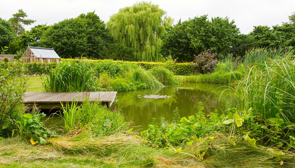 Design ideas for a large country backyard garden for summer in Oxfordshire with with pond and decking.
