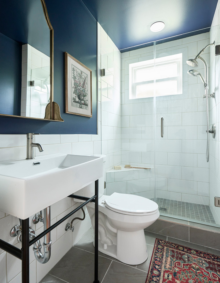 Example of a large transitional single-sink bathroom design in Other with black cabinets, a one-piece toilet, blue walls, a hinged shower door and a built-in vanity