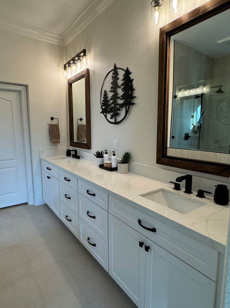 Photo of a country master bathroom in Sacramento with a double shower, white walls, marble benchtops, white benchtops and a double vanity.
