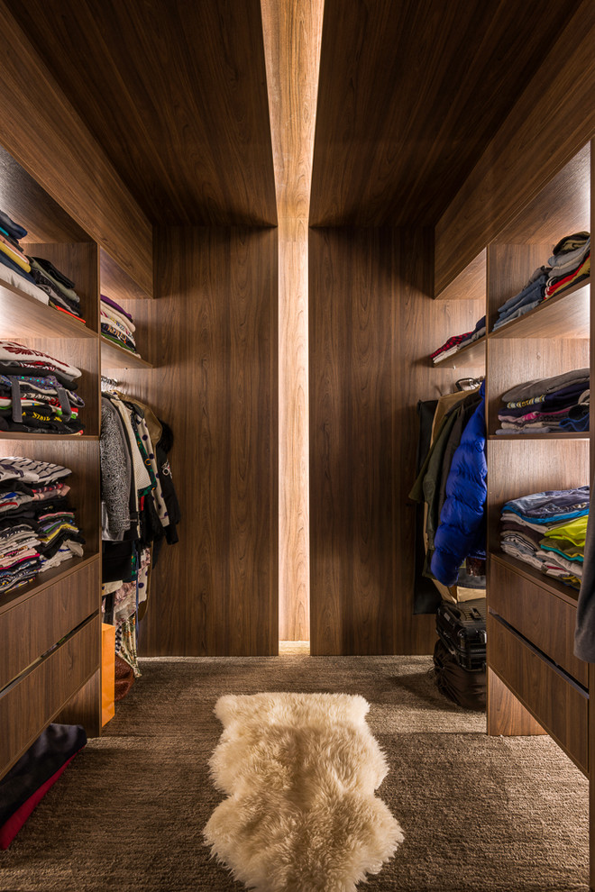 This is an example of a contemporary gender-neutral storage and wardrobe in Christchurch with open cabinets, dark wood cabinets, carpet and grey floor.