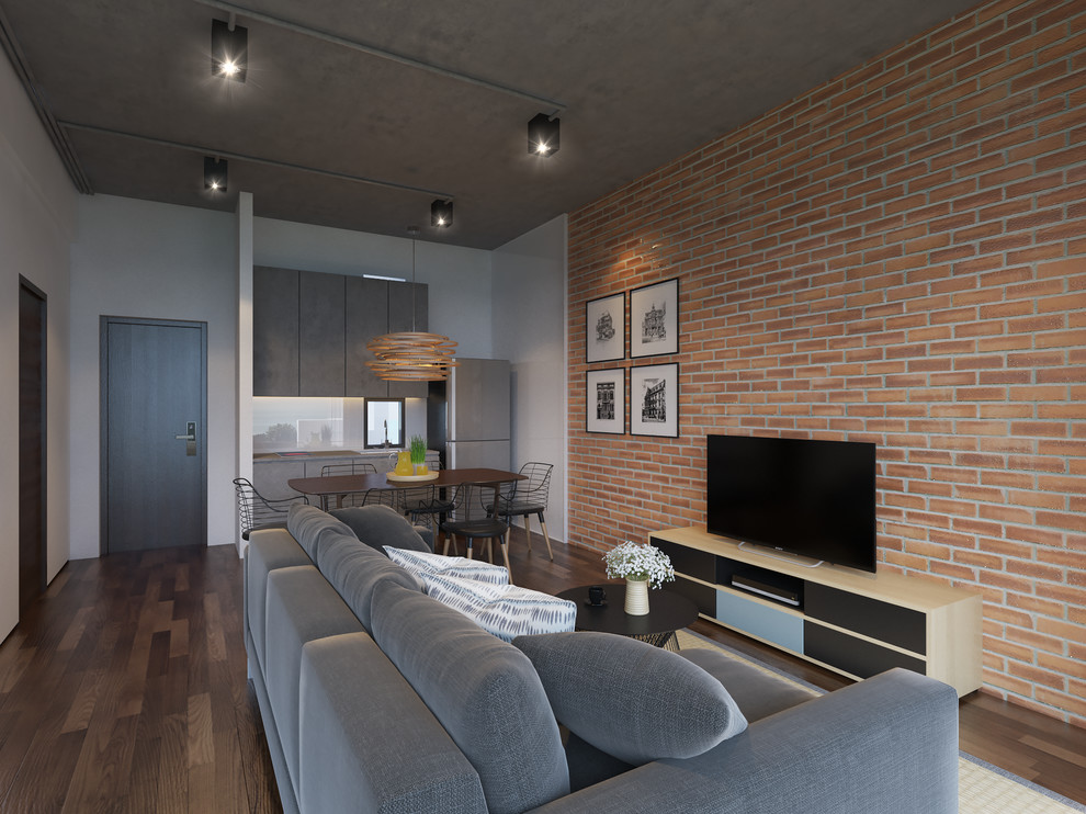 This is an example of a small industrial open concept living room in Gold Coast - Tweed with multi-coloured walls, dark hardwood floors and a freestanding tv.