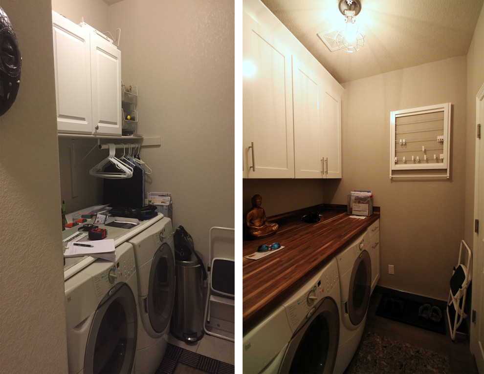 Small contemporary single-wall dedicated laundry room in Denver with shaker cabinets, white cabinets, wood benchtops, grey walls, porcelain floors and a side-by-side washer and dryer.