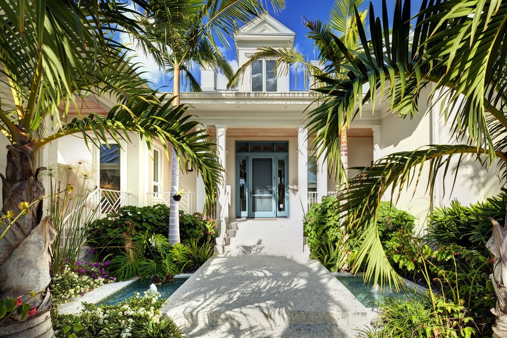 Tropical entryway in Tampa with a blue front door.