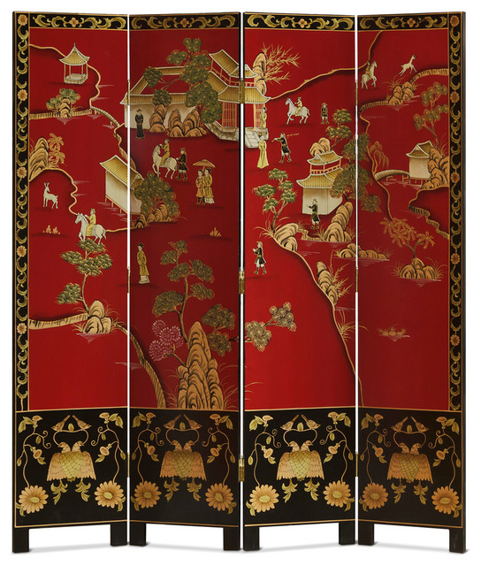 18th Century Chinoiserie Scenery Oriental Red Floor Screen with