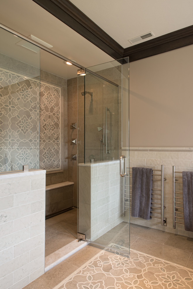 Photo of an expansive traditional master bathroom in Boston with mosaic tile, an open shower, beige tile and a hinged shower door.