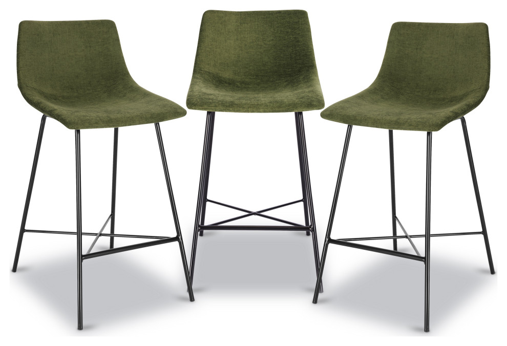 Poly and Bark Paxton 24" Velvet Counter Stool, Set of 3 Midcentury