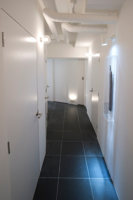Photo of a mid-sized modern hallway in Tokyo with white walls, slate floors and black floor.
