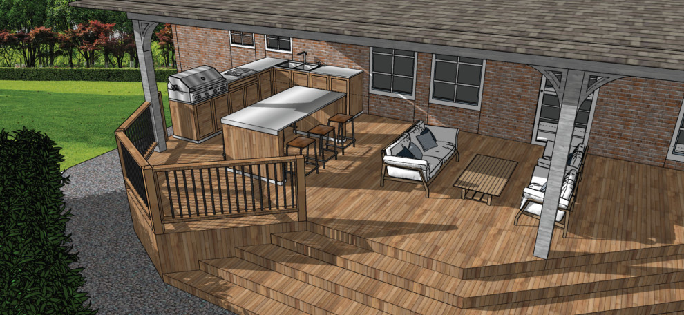 Inspiration for a large backyard and ground level deck with an outdoor kitchen, a pergola and mixed railing.