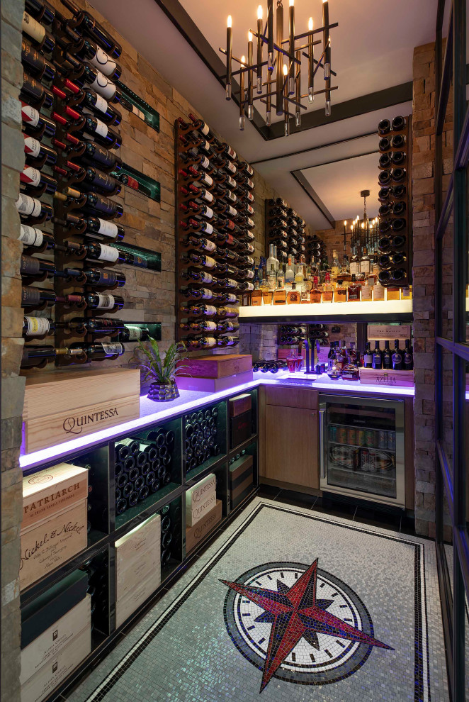 Design ideas for a mid-sized contemporary wine cellar in Dallas with porcelain floors, storage racks and grey floor.