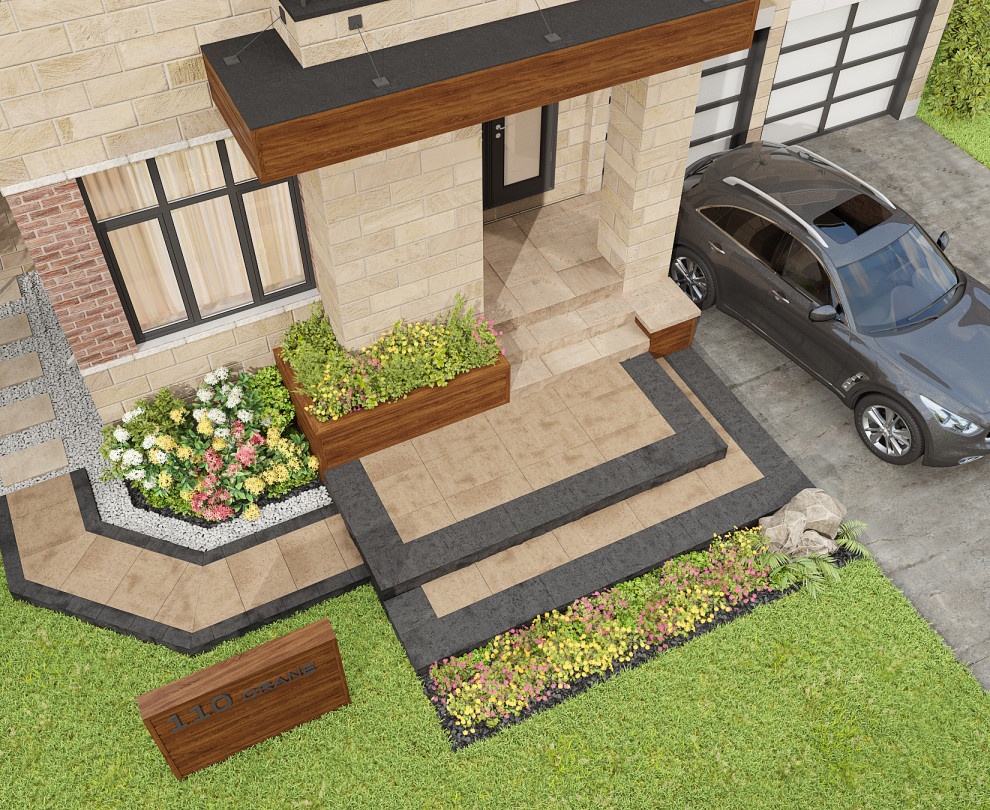 Design ideas for a mid-sized contemporary front yard verandah in Toronto with an awning.