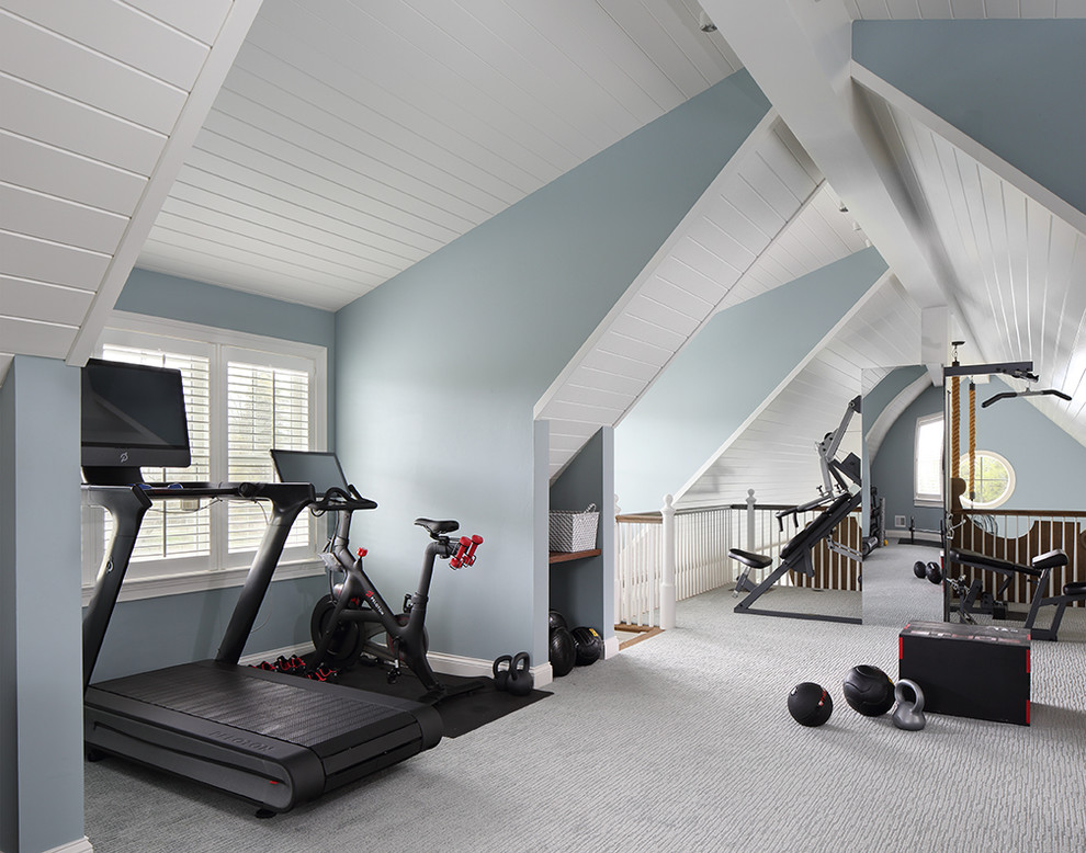 Design ideas for a country home gym in Milwaukee with blue walls, carpet and grey floor.