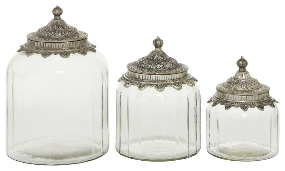 Set of 3 Clear Glass Traditional Decorative Jar, 6", 7", 9