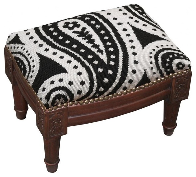 Paisley Wool Needlepoint Wooden Footstool Mediterranean Footstools
