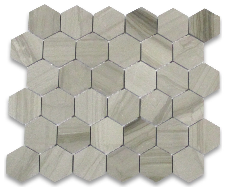 2" Hexagon Athens Grey Marble Tile Haisa Dark Mosaic Polished, 1 sheet