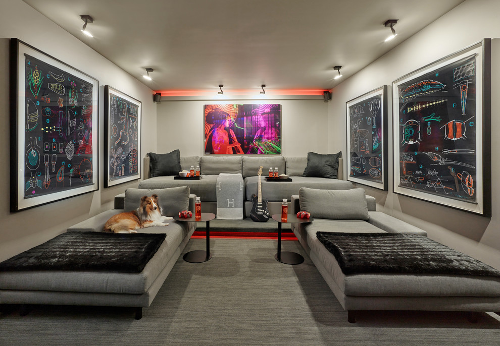 Design ideas for a contemporary enclosed home theatre with grey walls, carpet and grey floor.