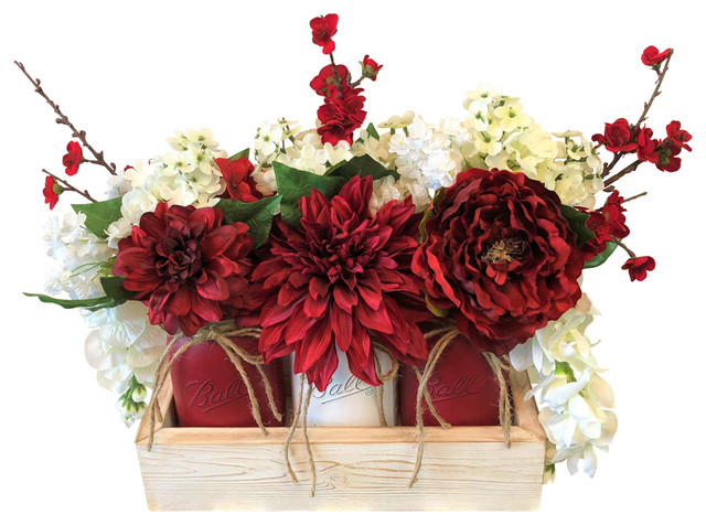 Crimson Beauty 3 Quart Mason Jar Flower Arrangement Planter Box Centerpiece