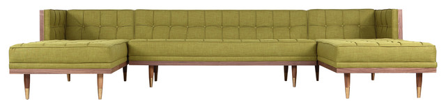 Woodrow Modern Box Sofa U-Shaped Chaise Sectional, Atomic Moss/Walnut