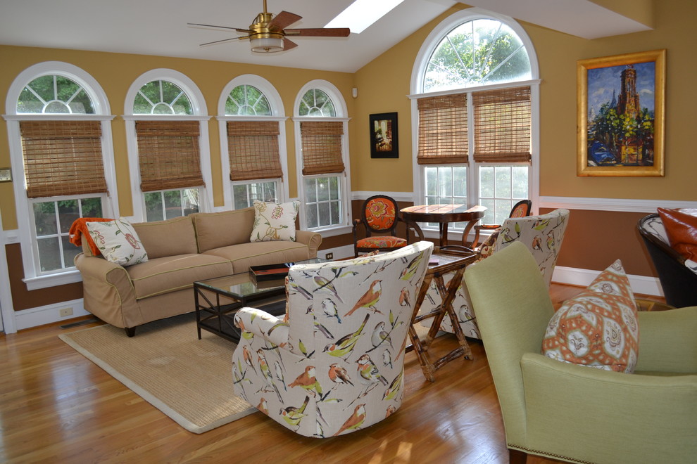 Inspiration for a mid-sized transitional sunroom in Richmond with light hardwood floors and a skylight.
