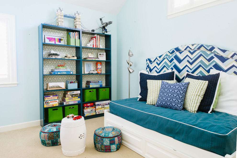 Inspiration for a contemporary kids' playroom for boys in San Francisco with blue walls and carpet.