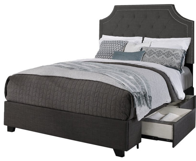 Audrey Fabric Upholstered "Steel-Core" Platform Queen Bed/2-Drawers in Gray