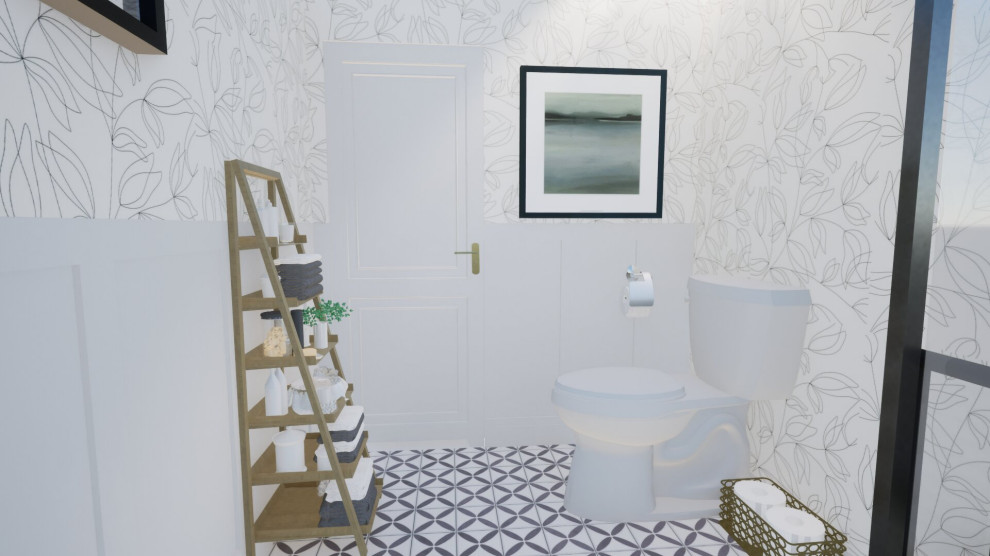 Small country powder room in Other with a one-piece toilet, a pedestal sink and wallpaper.