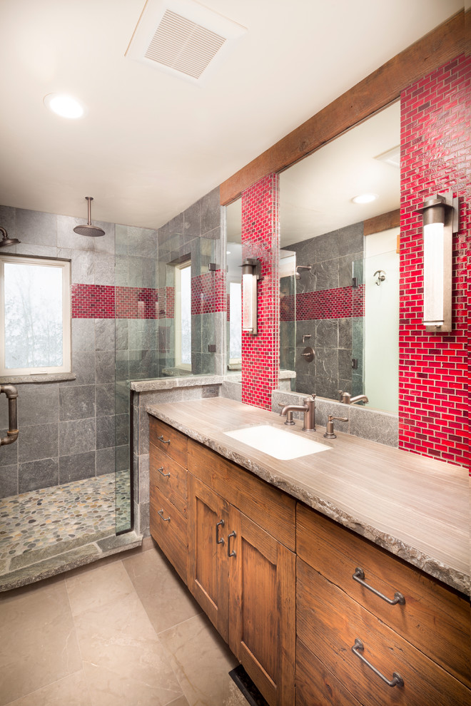 Mid-sized country kids bathroom in Sacramento with furniture-like cabinets, medium wood cabinets, an open shower, red tile, an undermount sink, marble benchtops and multi-coloured walls.