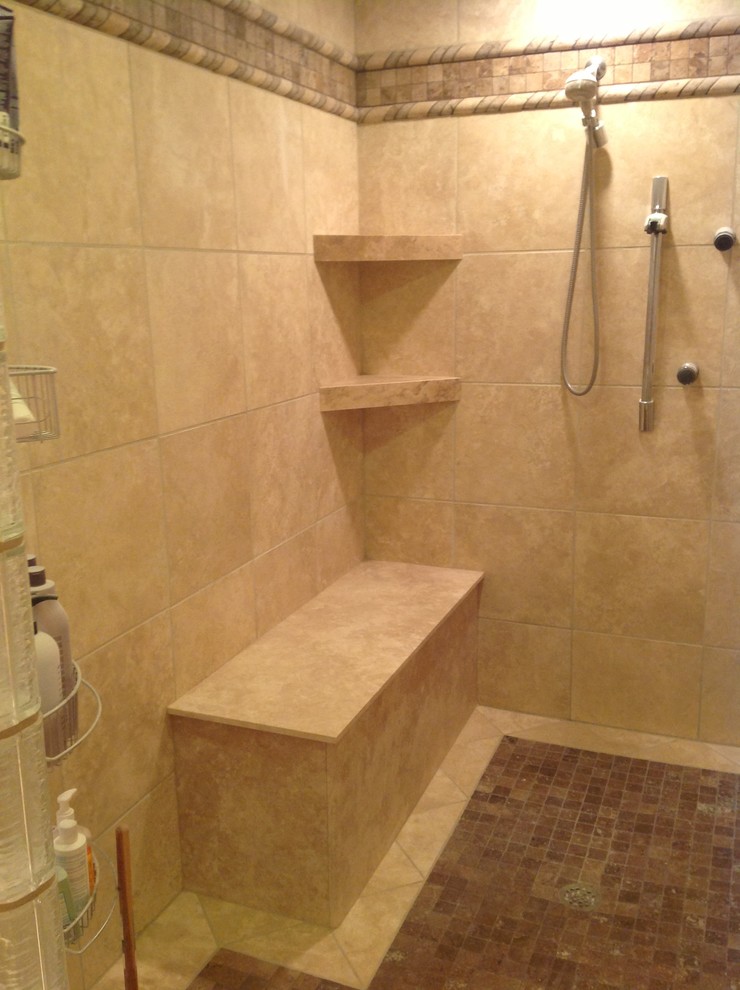Transitional stone slab bathroom photo