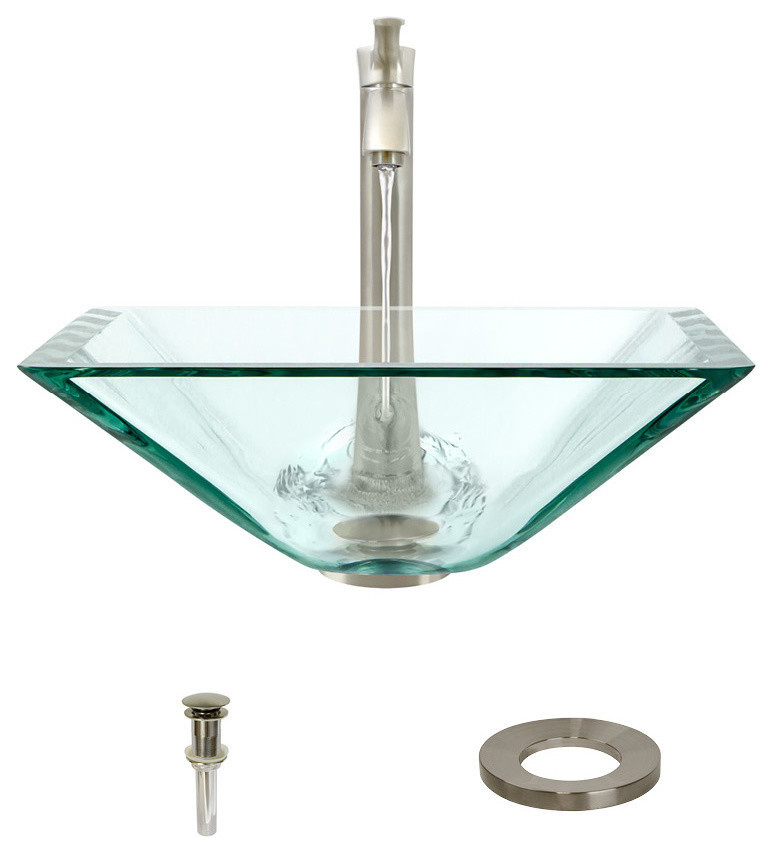 603 Colored Glass Vessel Sink, Crystal, 726 Vessel Faucet, Brushed Nickel