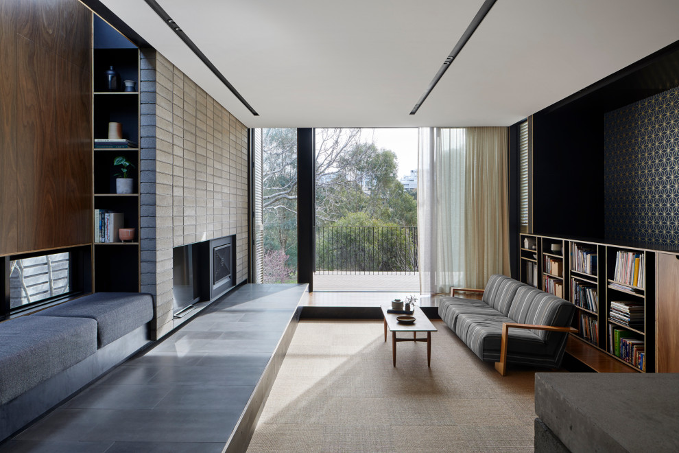 Mid-sized contemporary open concept living room in Melbourne with grey walls, vinyl floors, a standard fireplace, a brick fireplace surround, a wall-mounted tv, beige floor, recessed and wallpaper.