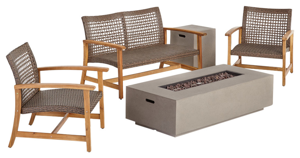 Alliso Outdoor 5 Piece Wood And Wicker Chat Set With Fire Pit