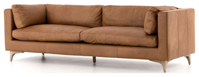 Beckwith Mid Century Modern Camel Leather Cushion Back Sofa 94"