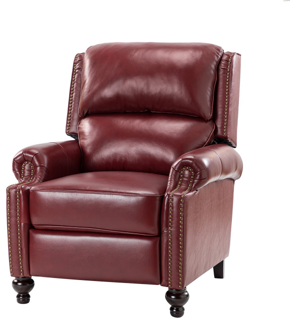 Genuine Leather Cigar Recliner With Nail Head Trim, Burgundy