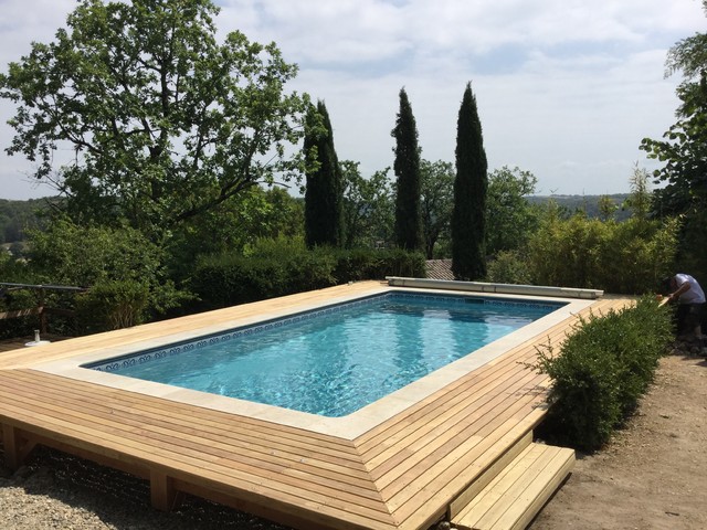 Piscine Plage Bois 4x7 Rectangle Liner Gris Modernité Et