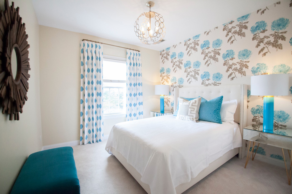 Inspiration for a transitional bedroom remodel in Charlotte with beige walls