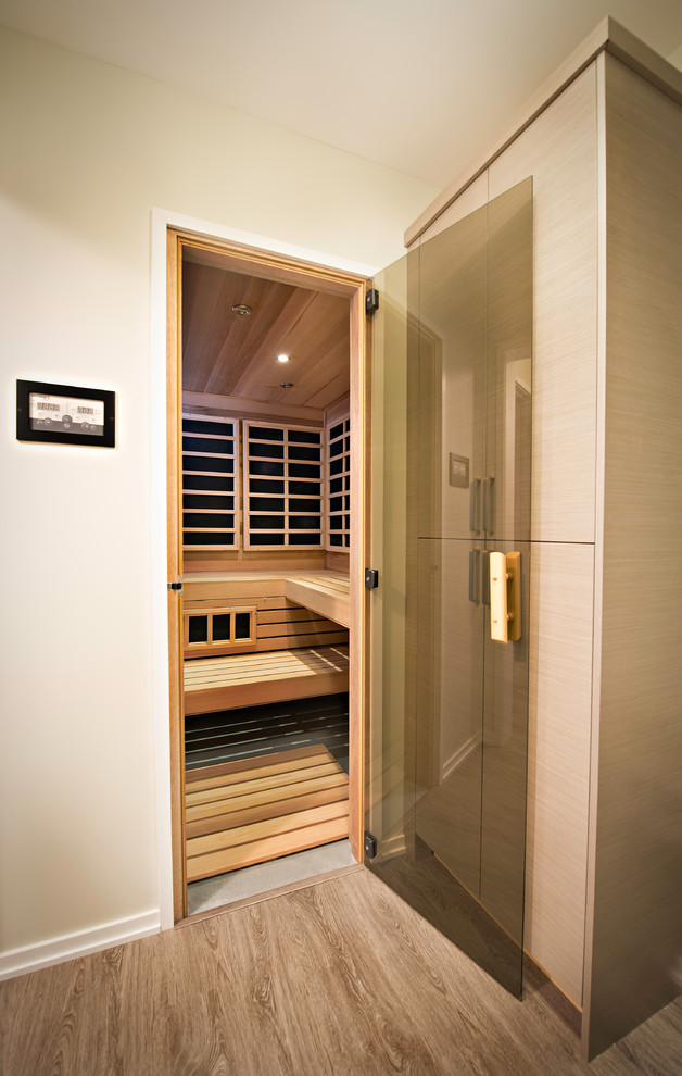 This is an example of a mid-sized modern bathroom in Chicago with a corner shower, a two-piece toilet, beige walls, medium hardwood floors, with a sauna, brown floor and a hinged shower door.