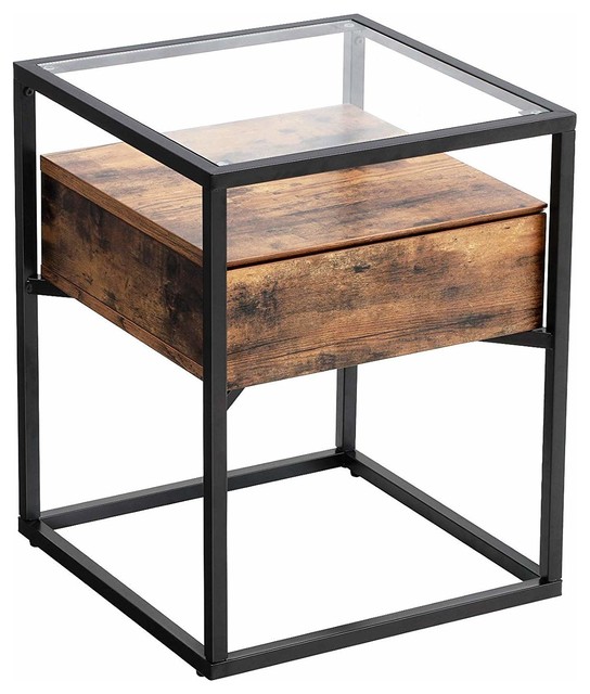 Tempered Glass End Table With Drawer And Rustic Shelf Sofa Side
