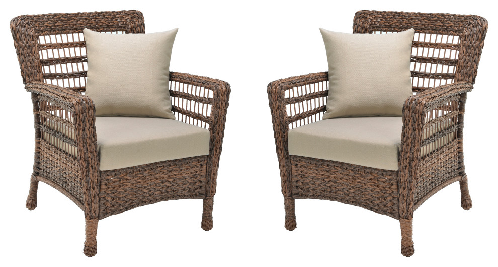Modern Concept Faux Sea Grass Resin Rattan Patio Chairs Set, Set of 2 Armchairs