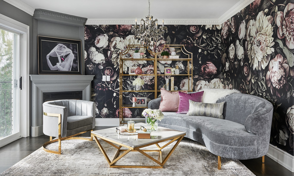 Inspiration for a large modern master dark wood floor bedroom remodel in Toronto with gray walls and a corner fireplace