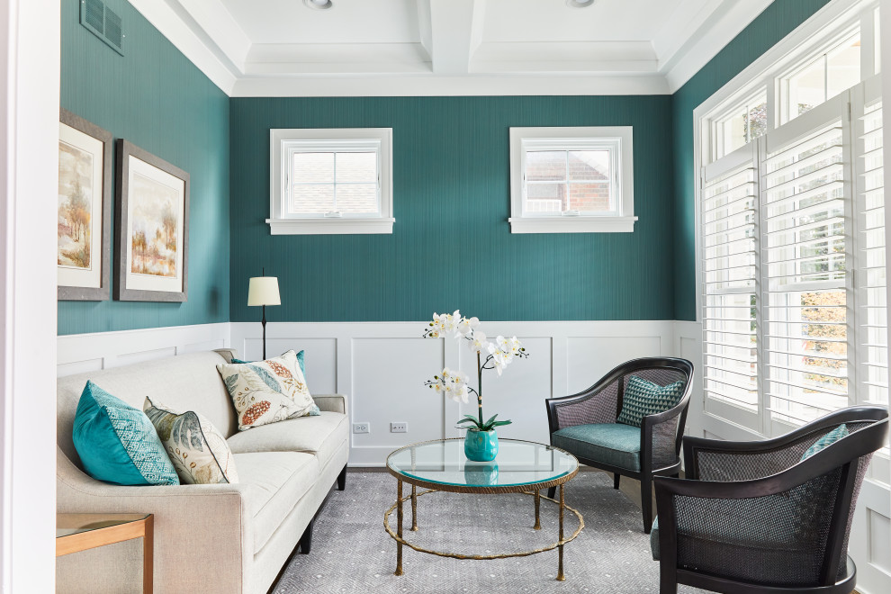 Inspiration for a small classic formal and grey and teal open plan living room in Chicago with green walls, medium hardwood flooring, no fireplace, no tv, brown floors, a coffered ceiling and wallpapered walls.