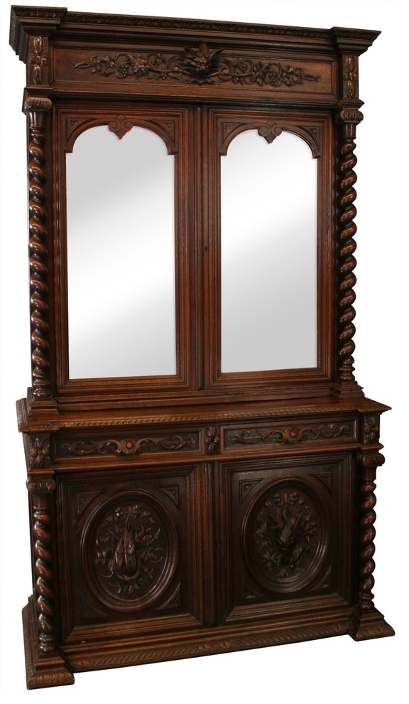 Consigned 1890 Antique Buffet Hunting Renaissance Carved Oak Mirrored Door